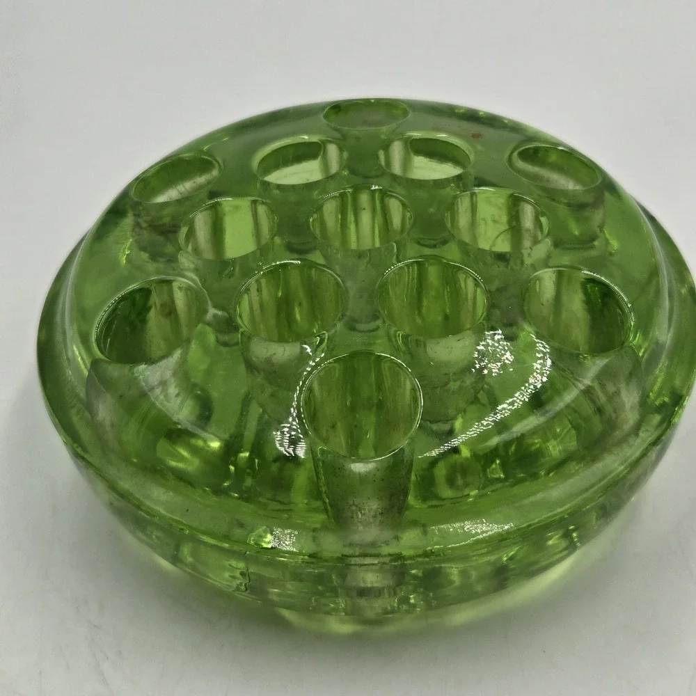 VTG Green Depression Flower Frog Glows Uranium Vaseline Glass 13 Hole 4.5